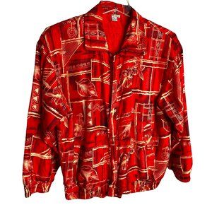 Vintage Fuda International Womens Red Silk Ethnic Floral Bomber Jacket Size M